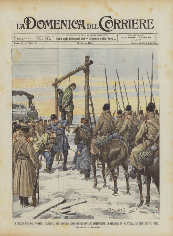Den russisk-japanske krigen, japanere overrasket av russere mens de prøver å ødelegge jernbanen? av Achille Beltrame