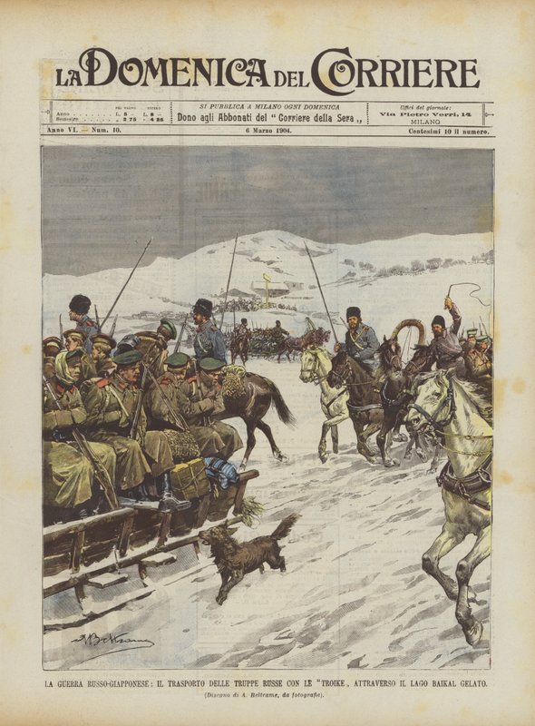 Russisk-japansk krig, russisk troppetransport med troikaer gjennom frosne Baikalsjøen av Achille Beltrame