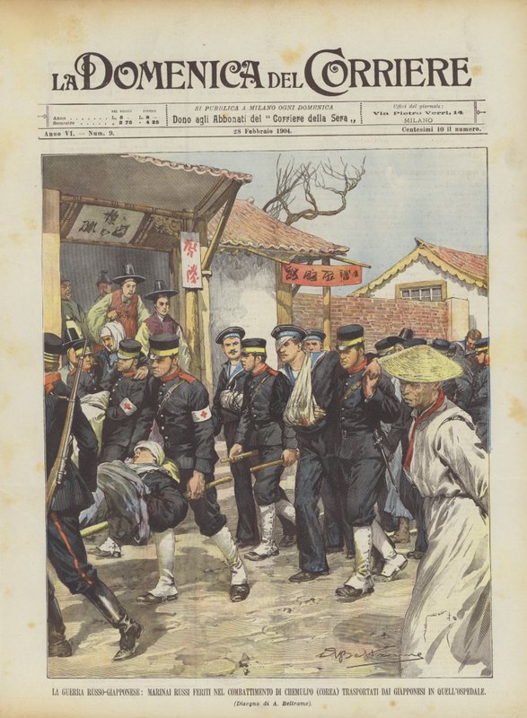 Den russisk-japanske krigen, russiske sjømenn såret i Chemulpo-kamp (Korea) transportert? av Achille Beltrame