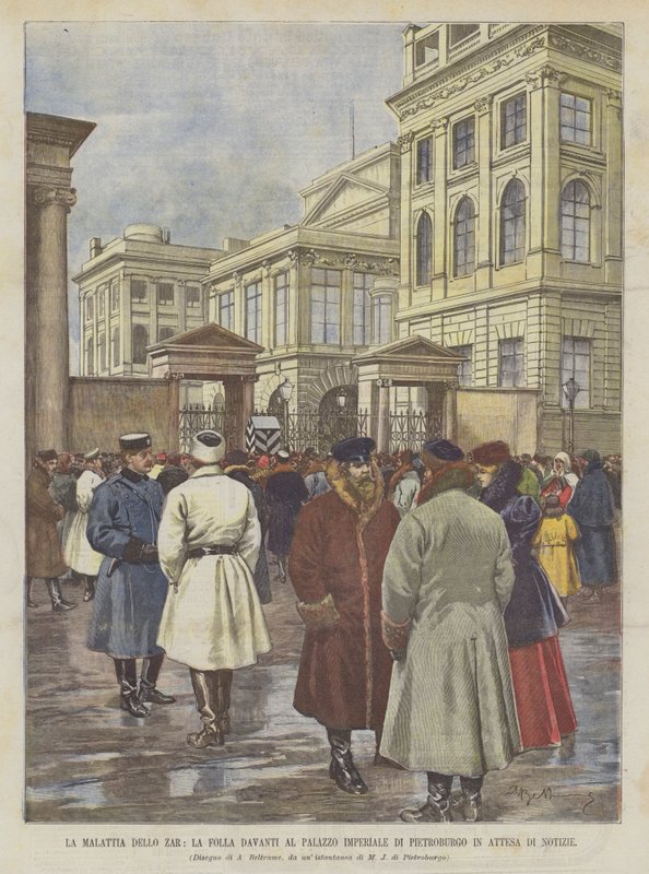 Tsarens sykdom, folkemengden foran keiserpalasset i Petersburg venter på nyheter av Achille Beltrame