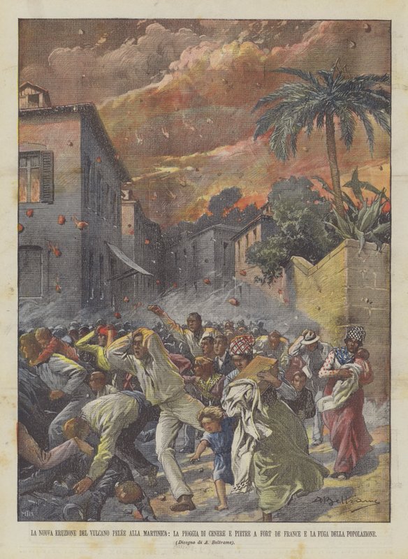 Det nye utbruddet av vulkanen Pelee på Martinique, regnet av aske og steiner i Fort De France? av Achille Beltrame