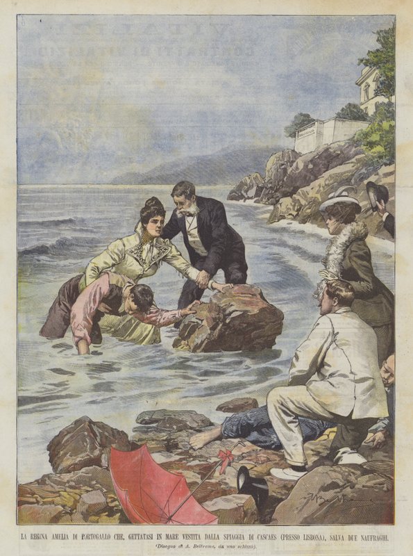Dronning Amelia av Portugal Hvem, kastet i havet kledd av Cascaes Beach? av Achille Beltrame