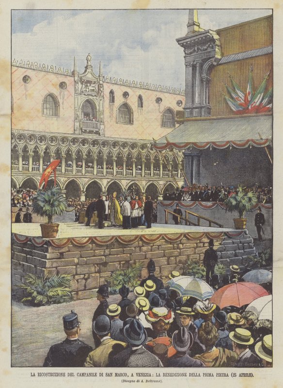 Rekonstruksjon av Campanile di San Marco, i Venezia, velsignelsen av den første steinen (25. april) av Achille Beltrame