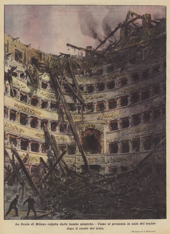 La Scala i Milano truffet av fiendtlige bomber av Achille Beltrame
