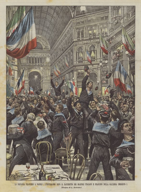 Det franske laget i Napoli, entusiasmen etter banketten til italienske og franske sjømenn? av Achille Beltrame