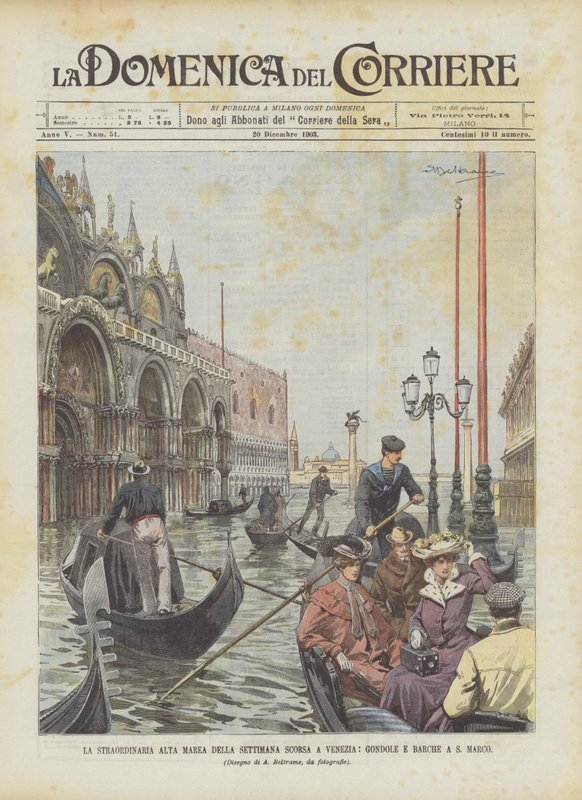 Det ekstraordinære høyvannet fra forrige uke i Venezia, gondoler og båter i S Marco av Achille Beltrame