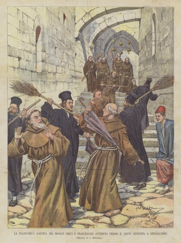 Den tragikomiske baruffaen mellom greske og fransiskanermunker skjedde ved Den hellige grav, i Jerusalem av Achille Beltrame