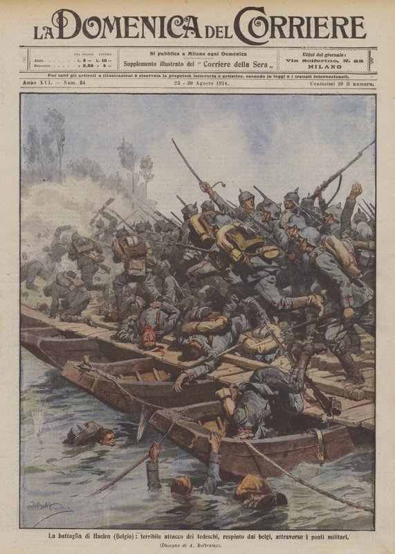 Slaget ved Haelen (Belgia), forferdelig angrep fra tyskerne, frastøtt av belgierne, gjennom militære broer av Achille Beltrame