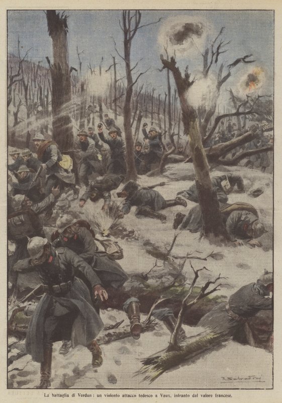 Slaget ved Verdun, et voldelig tysk angrep på Vaux, knust av fransk tapperhet av Achille Beltrame
