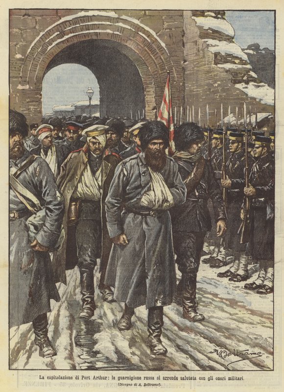 Kapitulasjonen til Port Arthur, den russiske garnisonen overgir seg møtt med militær utmerkelse av Achille Beltrame