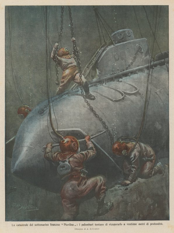 Katastrofen til den franske ubåten Pluviose, dykkere prøver å gjenopprette den på en dybde på tjueto meter av Achille Beltrame