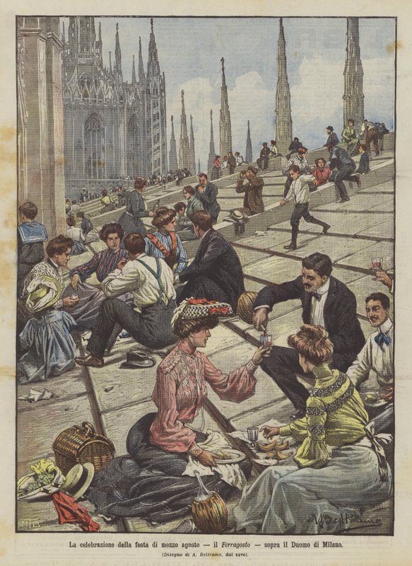 Feiringen av festen i midten av august, Ferragosto, over katedralen i Milano av Achille Beltrame