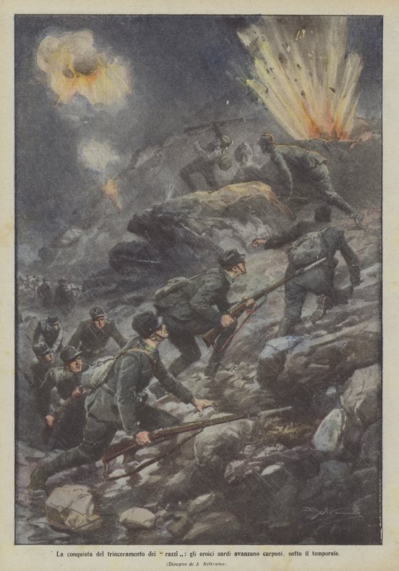 Erobringen av rakettforskansningen rykker de heroiske sardinerne frem på alle fire under stormen av Achille Beltrame