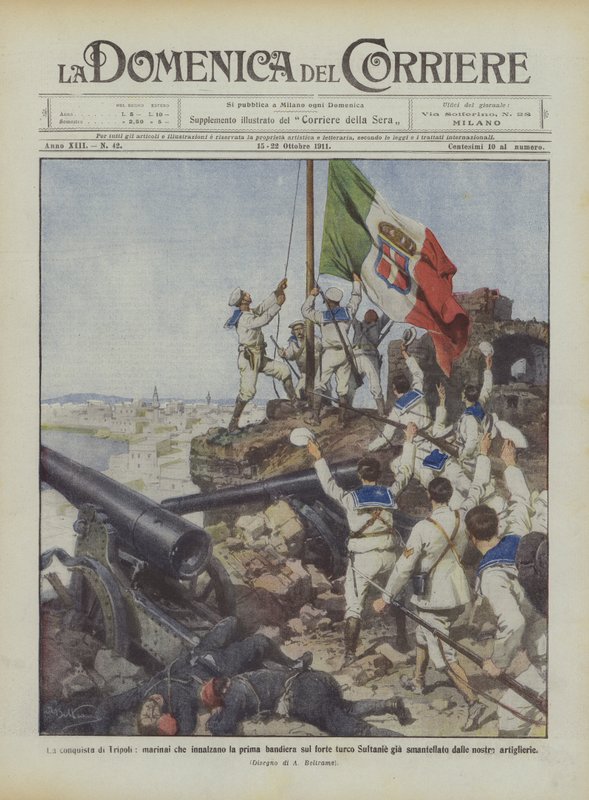 Erobringen av Tripoli, sjømenn som heiser det første flagget på det tyrkiske fortet Sultanie allerede? av Achille Beltrame