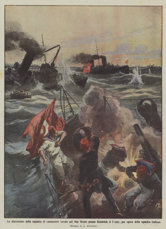 Ødeleggelsen av det tyrkiske våpenlaget i Rødehavet nær Kunfidah på 7 korr? av Achille Beltrame