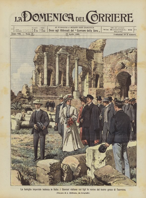 Den tyske keiserfamilien i Italia, suverene besøker ruinene av det greske teatret i Taormina med barna sine av Achille Beltrame