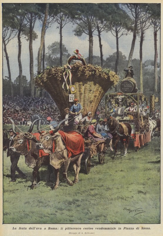 Druefestivalen i Roma, den pittoreske druehøstprosesjonen på Piazza di Siena av Achille Beltrame