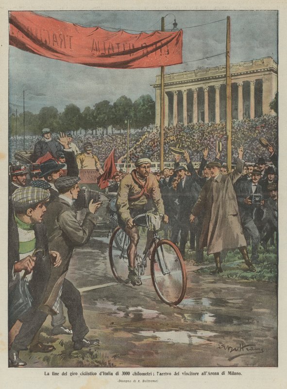 Slutten på den 3000 kilometer lange sykkelturen i Italia, ankomsten av vinneren til Milano Arena av Achille Beltrame