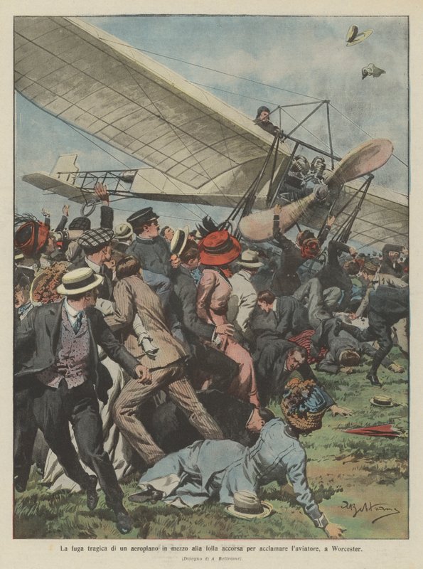 Den tragiske flyturen til et fly midt i folkemengden som hastet for å heie frem mannen i Worcester av Achille Beltrame