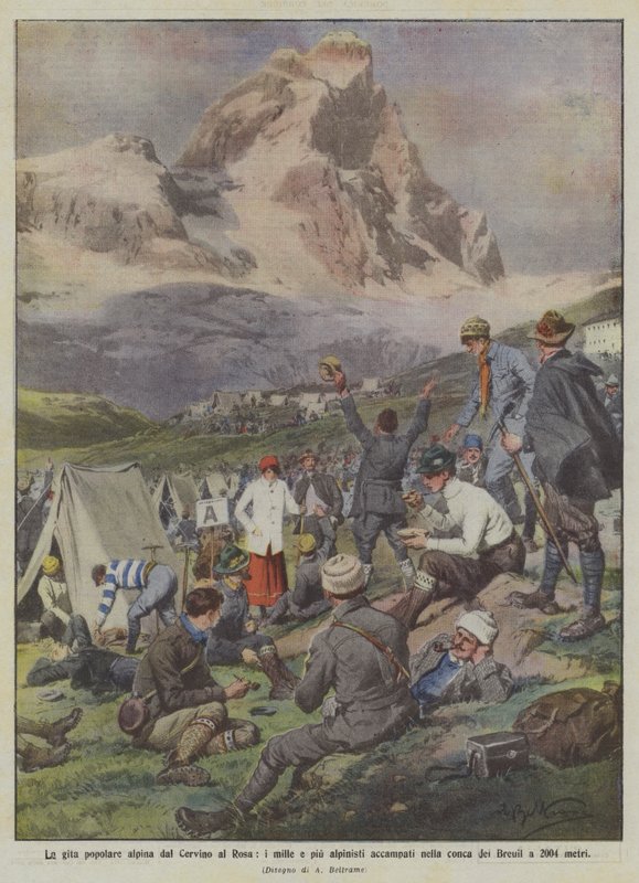 Den populære alpinturen fra Matterhorn til Rosa, de tusen og flere fjellklatrene slo leir i Breuil-bassenget på 2004 meter av Achille Beltrame