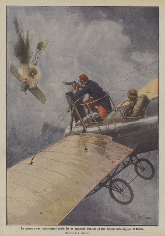 Luftkrigen, en spennende duell mellom et fransk og et tysk fly i Reims-regionen av Achille Beltrame