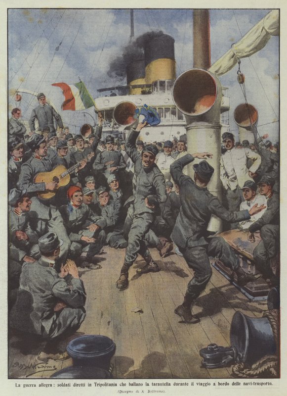 Den muntre krigen, soldater på vei til Tripolitania som danser tarantella under reisen? av Achille Beltrame