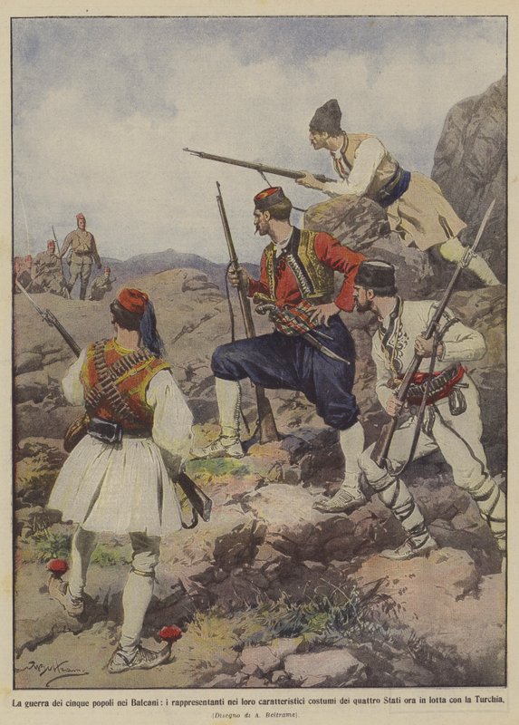 Krigen mellom de fem folkene på Balkan, representantene i sine karakteristiske kostymer av? av Achille Beltrame