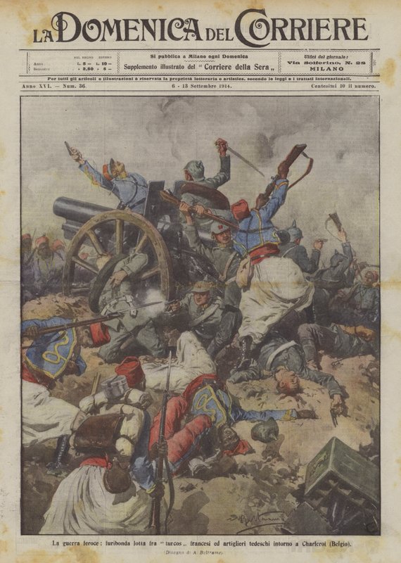 Den voldsomme krigen, rasende kampen mellom franske Turcos og tyske skyttere rundt Charleroi (Belgia) av Achille Beltrame