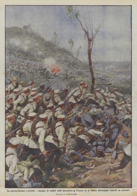 Den enorme og forferdelige krigen, snøskred av russiske soldater går ned i Preussen og Galicia? av Achille Beltrame