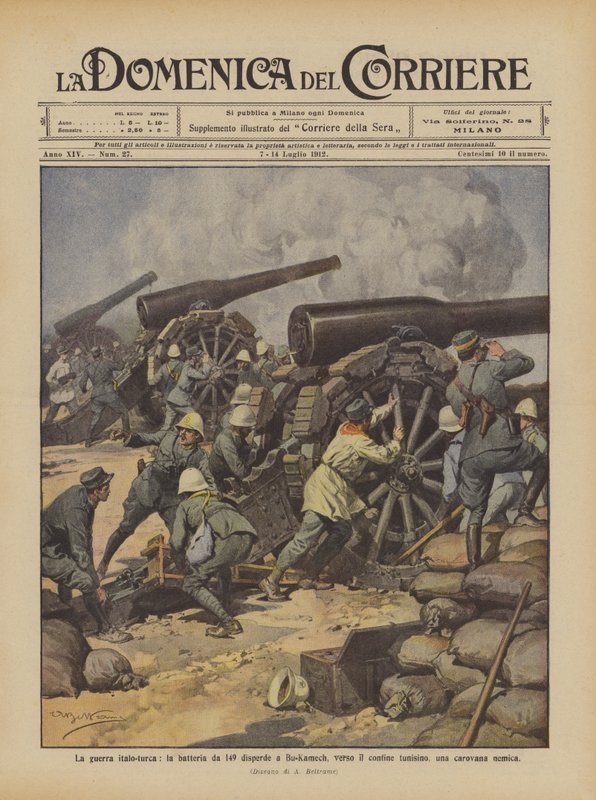 Den italiensk-tyrkiske krigen, 149-batteriet sprer en fiendtlig karavane i Bu-Kamech, mot den tunisiske grensen av Achille Beltrame