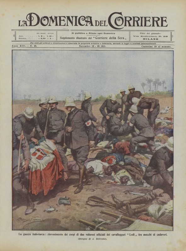 Den italiensk-tyrkiske krigen, funn av likene til to modige offiserer fra Lodi-kavaleriet mellom? av Achille Beltrame