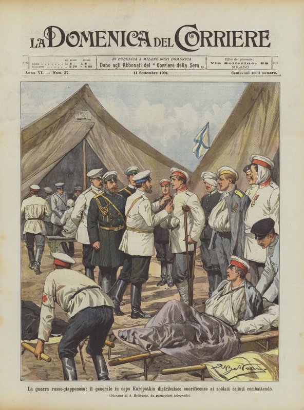 Den russisk-japanske krigen, sjefssjef Kuropatkin deler ut heder til soldater som falt i kamp av Achille Beltrame