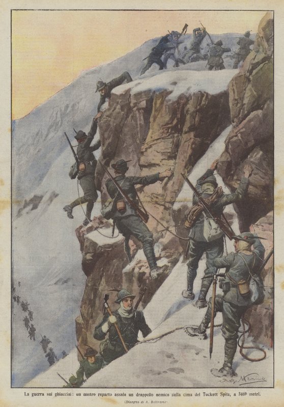 Krigen på isbreene, en av våre enheter angriper en fiendtlig tropp på toppen av Tuckett Spitz, på 3469 meter av Achille Beltrame