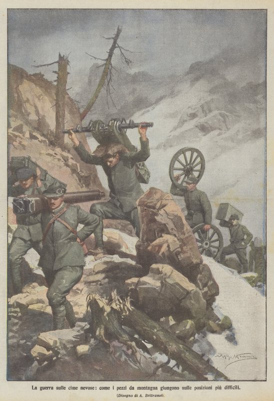 Krigen på de snødekte toppene, da fjellstykkene ankommer de vanskeligste posisjonene av Achille Beltrame