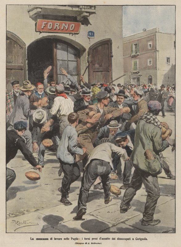 Mangelen på arbeid i Puglia, ovnene stormet av arbeidsledige i Cerignola av Achille Beltrame