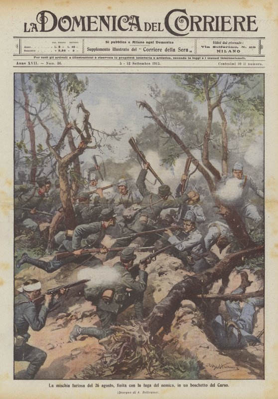 Den rasende nærkampen 26. august, som endte med flukt fra fienden, i en lund i Karst av Achille Beltrame