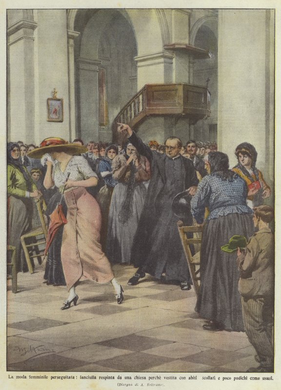 Kvinnemote forfulgt, en jente avvist av en kirke fordi hun er kledd i nedringede kjoler? av Achille Beltrame