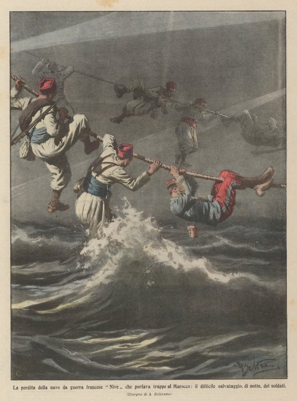 Tapet av det franske krigsskipet Nive som frakter tropper til Marokko? av Achille Beltrame