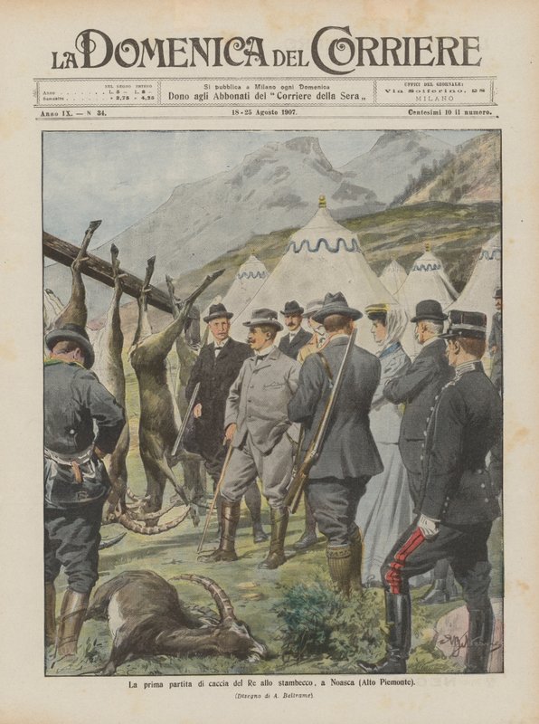 Kongens første jaktkamp på steinbukken, i Noasca (Øvre Piemonte) av Achille Beltrame