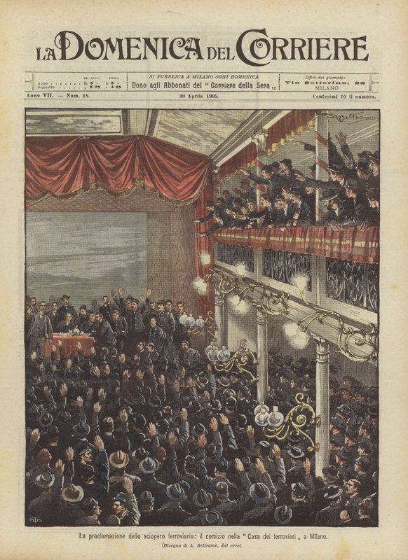 Proklamasjonen av jernbanestreiken, rallyet i Casa dei Ferrovieri i Milano av Achille Beltrame