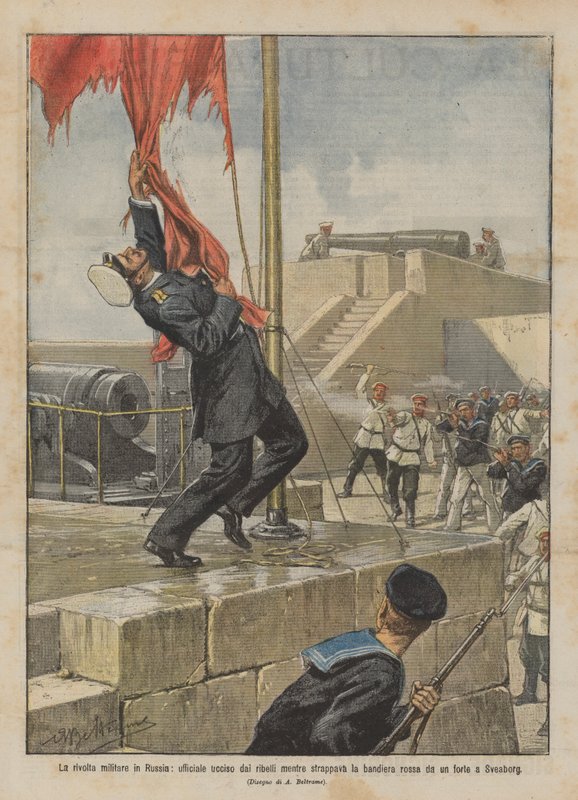 Militæropprøret i Russland, en offiser drept av opprørerne mens han rev det røde flagget? av Achille Beltrame