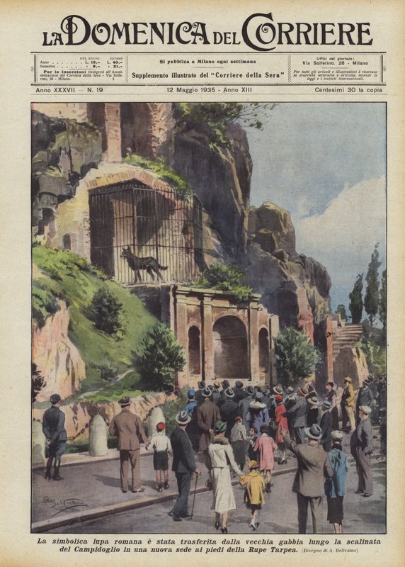 Den symbolske romerske ulven ble flyttet fra det gamle buret langs trappen til? av Achille Beltrame