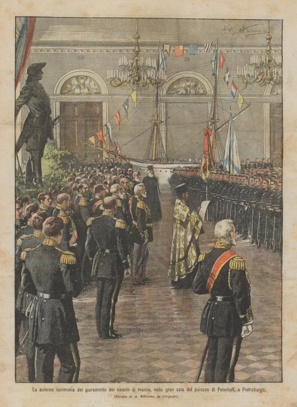 Den høytidelige seremonien for eden til marinekadettene, i den store salen til Peterhoff-palasset, i Petersburg av Achille Beltrame