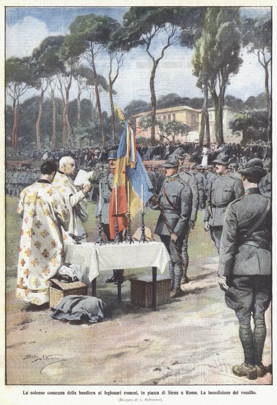 Den høytidelige leveringen av flagget til de rumenske legionærene, på Piazza di Siena i Roma av Achille Beltrame