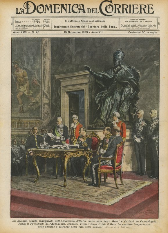 Den høytidelige åpningssesjonen til Academy of Italy, i hallen til Orazi og Curiazi, i Capitol av Achille Beltrame