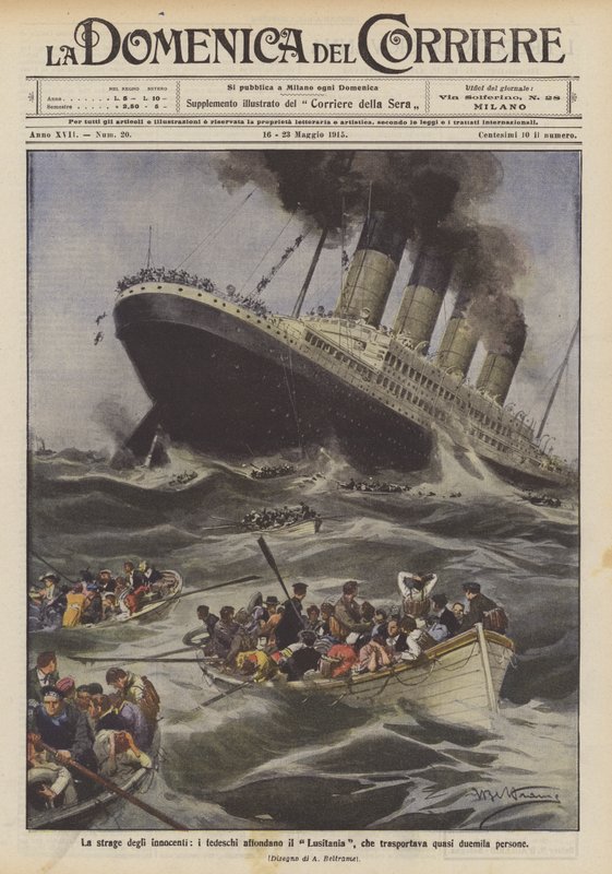 Massakren på de uskyldige, tyskerne senker Lusitania, som fraktet nesten to tusen mennesker av Achille Beltrame