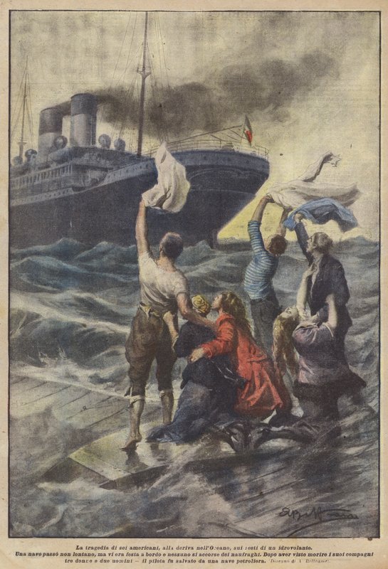 Tragedien til seks amerikanere, drivende i havet, på restene av et sjøfly av Achille Beltrame