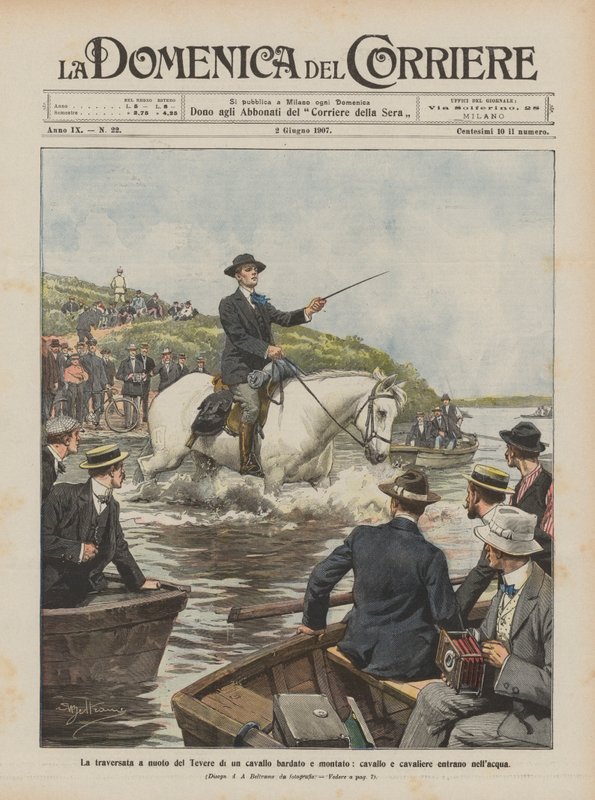 Svømmekrysset av Tiberen til en hest, hest og rytter med seletøy og ridning kommer inn i vannet av Achille Beltrame
