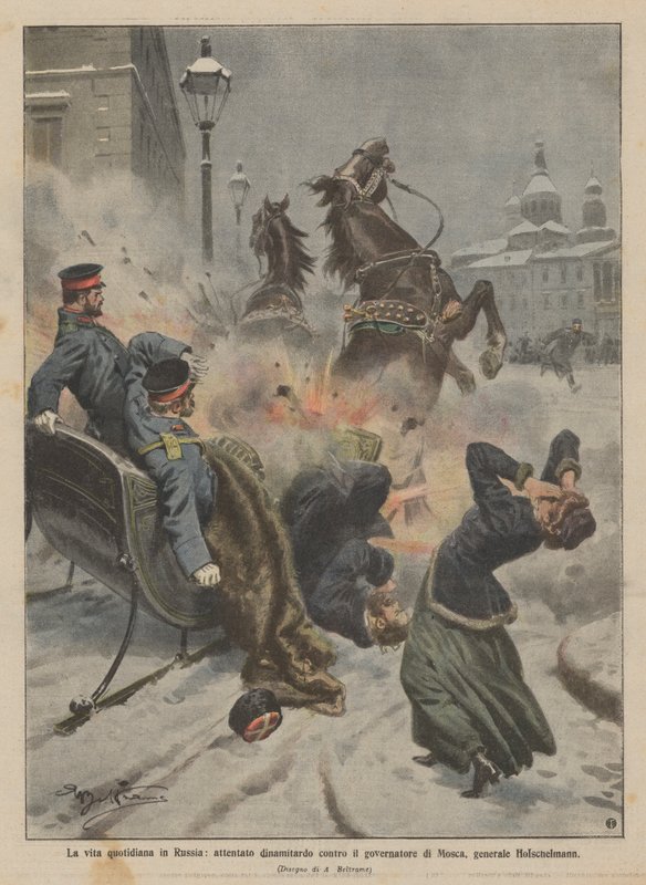 Daglig liv i Russland, bombeangrep mot guvernøren i Moskva, general Holschelmann av Achille Beltrame