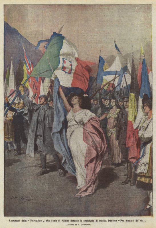 Lapotheosis of the Marseillaise på La Scala i Milano under det franske musikkshowet Pro mutilati delface av Achille Beltrame